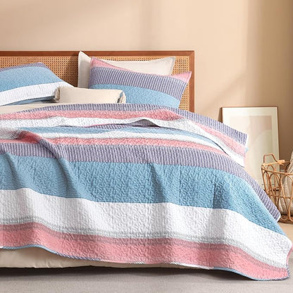 Litanika Twin Quilt Set Purple, Blue and White, 68x86 Stripe Bedspread Coverlet 2 Pieces, Pink Lightweight Quilted Bedding Set for All Season(Twin-1 Quilt, 1 Pillowcase)