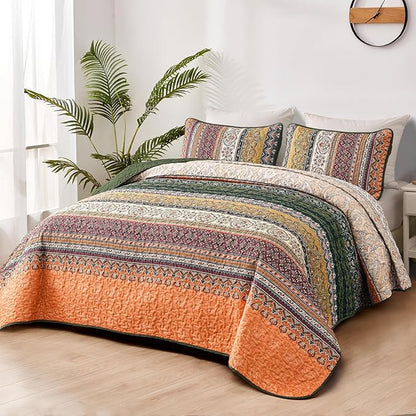 WONGS BEDDING Boho King Quilt Set, Green and Orange Bohemian Quilt Bedding Set, Fall Lightweight Bed Decor Bedspread for All Season Reversible Microfiber Coverlet Bedding Set 103"x90"(3 Pieces)