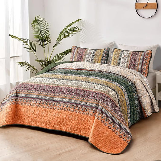 WONGS BEDDING Boho Queen Quilt Set, Green and Orange Bohemian Quilt Bedding Set, Fall Lightweight Bed Decor Bedspread for All Season Reversible Microfiber Coverlet Bedding Set 96"x90"(3 Pieces)