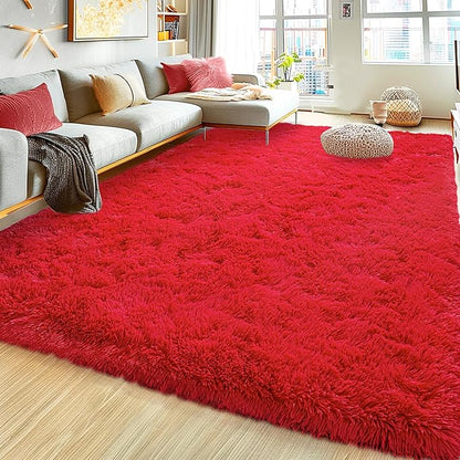 Large 9x12 Area Rugs for Living Room, Soft Shag Thick Fluffy Rug for Bedroom, Non Slip Plush Fuzzy Carpet for Girls Boys Kids Dorm Rug for Home Decor Aesthetic, Red