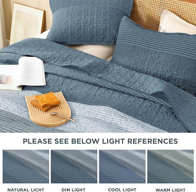 Litanika Oversized King Quilt Set Blue Linen, 128x120 Stripe Bedspread Coverlet 3 Pieces, Blue Linen Lightweight Quilted Bedding Set for All Season(Super King Plus-1 Quilt, 2 Pillowcases)
