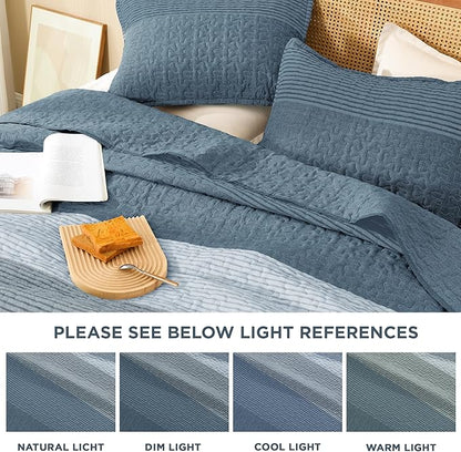 Litanika Oversized King Quilt Set Blue Linen, 128x120 Stripe Bedspread Coverlet 3 Pieces, Blue Linen Lightweight Quilted Bedding Set for All Season(Super King Plus-1 Quilt, 2 Pillowcases)