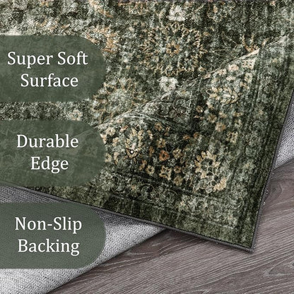 Morebes Vintage Carpet Runners for Hallway 12ft,Washable Extra Long Runner Rug for Entryway Indoor Non-Slip,Distressed Retro Soft Throw Rug for Kitchen Farmhouse Dining Room, Dark Green
