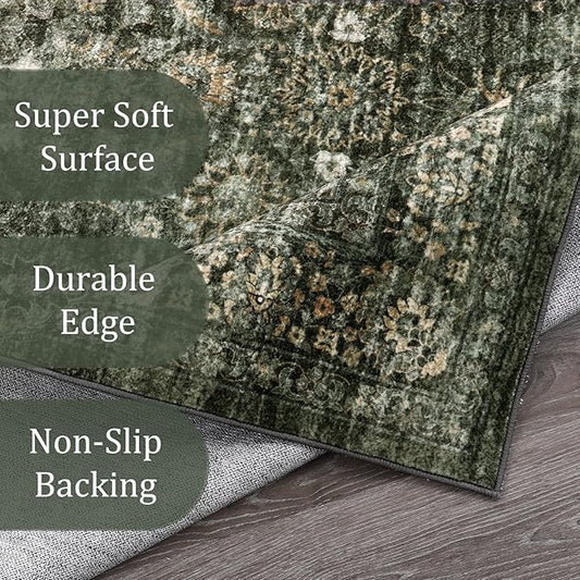 Morebes Vintage Dark Green Living Room Rug, 9x12 Area Rug Large Washable Rugs for Bedroom, Soft Dining Room Carpet Non-Slip Non-Shedding Throw Rug for Farmhouse Indoor Kids Playroom