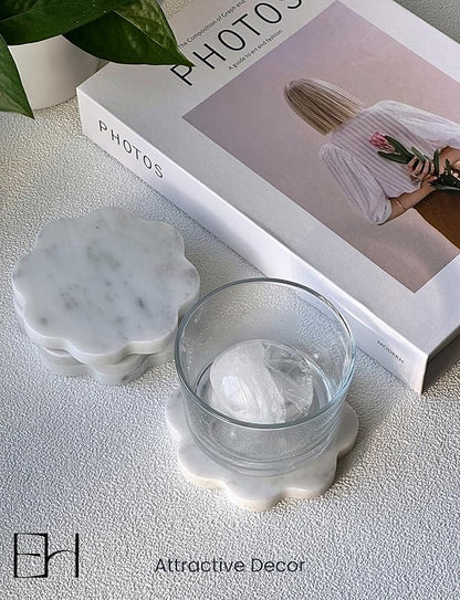 Marble Coasters Set of 4 - Natural Stone Coaster for Drinks, Modern Cup Holders, Bar Coffee Table Desk Decor, Cool Home Decor 4" (Calacatta White, Scalloped Round)
