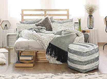 COTTON CRAFT Handwoven Stripe Dhurrie Pouf - Ottoman Foot Stool Bean Bag - Dorm Bedroom Home Décor Accent Seating - Boho Modern Comfortable Prefilled Cotton Pouf Footrest - 16 inch Square - Black