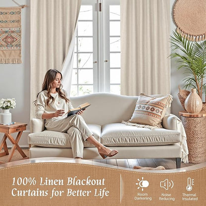 LAMIT 100% Blackout Linen Curtains for Bedoom, 68 Inches Linen Textured Thermal Drapes Back Tab and Rod Pocket Neutral Panels with White Liner for Living Room, 2 Panels, 52 x 68 Inch, Oatmeal