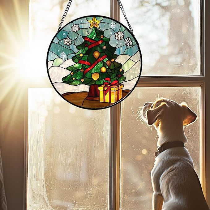 DASTOLL Stained Glass Window Hanging Green Christmas Tree Snowflake Large 11.8" - Suncatcher Door Garden Sun Catcher Xmas Holiday Decor Birthday for Mom Men Woman Friend Nana
