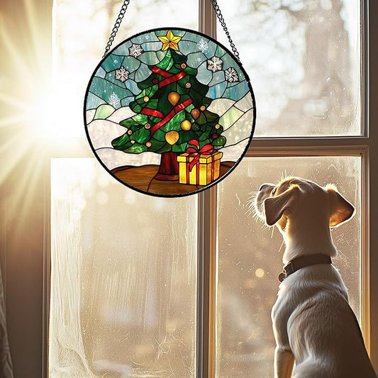 DASTOLL Stained Glass Window Hanging Green Christmas Tree Snowflake Large 11.8" - Suncatcher Door Garden Sun Catcher Xmas Holiday Decor Birthday for Mom Men Woman Friend Nana
