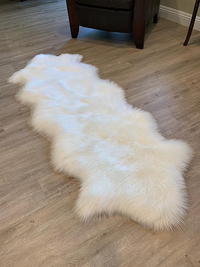 LAMBZY Faux Sheepskin Super Soft Hypoallergenic Silky Shag Rug for Living Room, Kids Room, Sofa (Double 2'x6', White)