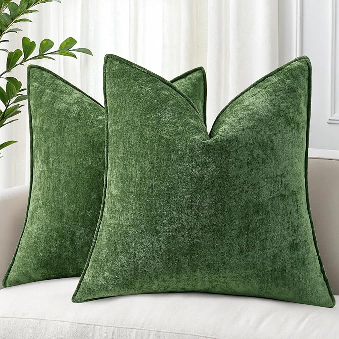 decorUhome Spring Couch Throw Pillow Covers 20x20 Set of 2, Decorative Soft Velvet Neutral Chenille Pillow Covers with Elegant Design for Sofa Bed Living Room Home Decor, Moss Green