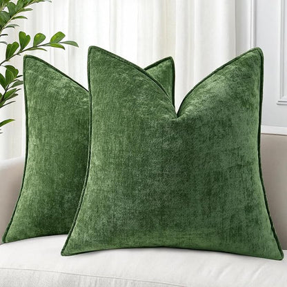 decorUhome Spring Couch Euro Sham Throw Pillow Covers 22x22 Set of 2, Decorative Soft Velvet Neutral Chenille Pillow Covers with Elegant Design for Sofa Bed Living Room Home Decor, Moss Green