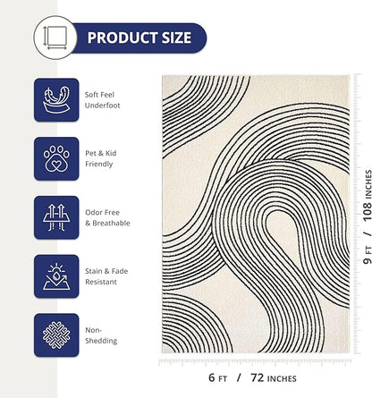 Abani Nuevo Beige Black Swirls Modern Area Rug 6' x 9' for Living Room, Bedroom - Abstract Design - Durable & Easy to Clean