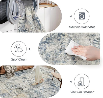 Abstract Rug 8x10 Large Living Room Rugs Neutral Modern Washable Area Rugs for Bedroom Dining Room Non-Slip Stain Resistant Foldable Thin Rug Blue Yellow