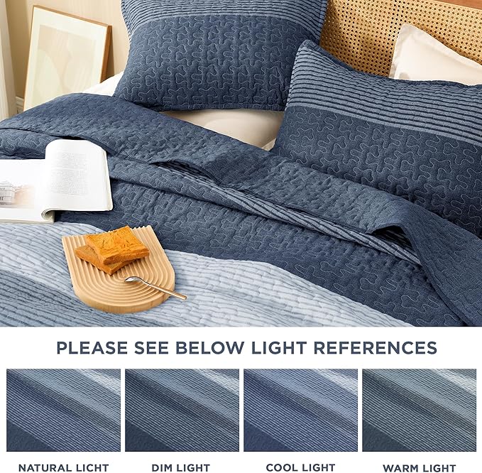 Litanika Oversized King Quilt Set Sapphire Blue, 120x98 Stripe Bedspread Coverlet 3 Pieces, Sapphire Blue Lightweight Quilted Bedding Set for All Season(Oversized King-1 Quilt, 2 Pillowcases)