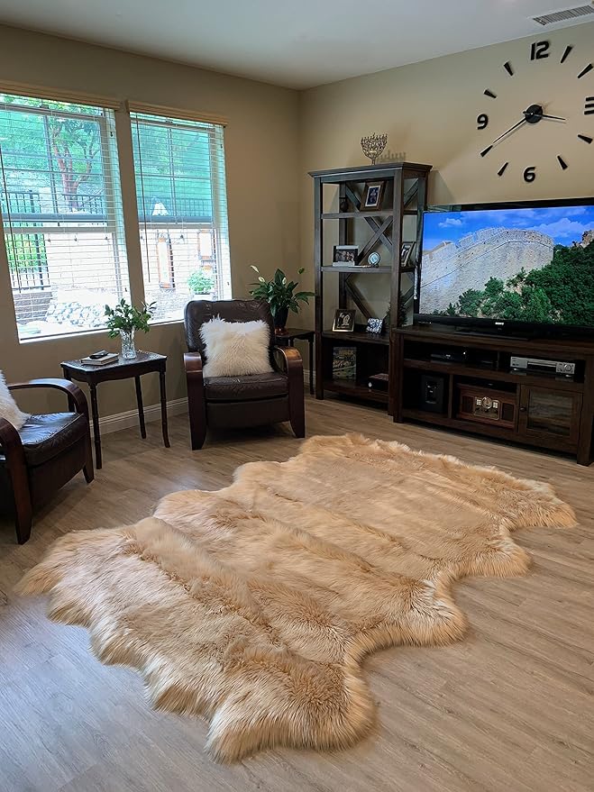 LAMBZY Faux Sheepskin Super Soft Hypoallergenic Silky Shag Rug for Living Room, Kids Room, Sofa (Octo 8 Pelts 6'x8', Beige)