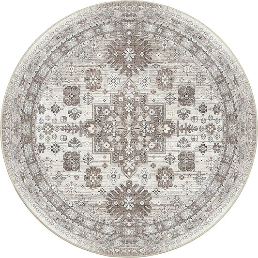 zesthome Washable Round Area Rugs - Non-Slip 6ft Round Rugs, Ultra-Thin Large Circle Rugs for Living Room, Soft Low Pile Rug for Bedroom, Kitchen, Nursery - Vintage Round Rug(Brown/Beige,6'x6')