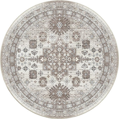 zesthome 9ft Round Rugs for Living Room, Non-Slip Washable Round Area Rugs, Ultra-Thin Large Circle Rugs, Soft Low Pile Rug for Bedroom, Kitchen - Vintage Stain Resistant Round Rug (Brown/Beige,9'x9')