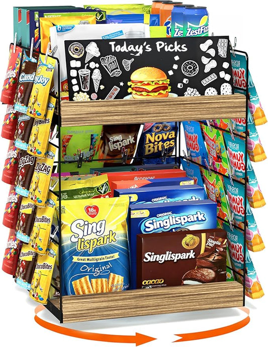 Chip Rack Display Stand, 6 Tiers 50 Clips Snack Organizer, 360° Rotating Wood Base Candy Display Rack, Portable Retail Display Shelf for Countertop, Office, Store, Kitchen, Party