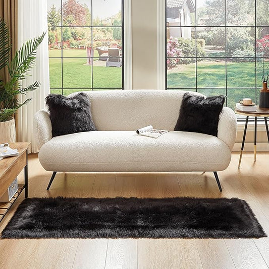 AMTOVO Faux Fur Rug, Black Ultra Soft Fluffy Shag Sheepskin Rug, 2 x 6 ft Runner Area Rugs for Bedroom Sofa Throw Cushion Room Decor, Rectangle