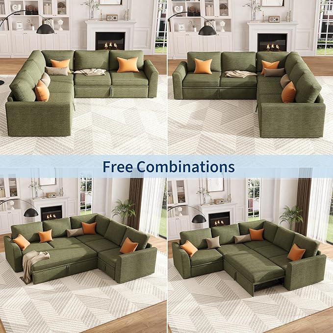 GarveeHome Sectional Sleeper Sofa with Pull Out Bed, Corduroy Modular Sectional Sofa U Shaped 7 Seat Couch with Pull Out Couch and Storage Seat & Ottoman, Convertible Couches for Living Room