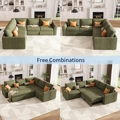 GarveeHome Sectional Sleeper Sofa with Pull Out Bed, Corduroy Modular Sectional Sofa U Shaped 7 Seat Couch with Pull Out Couch and Storage Seat & Ottoman, Convertible Couches for Living Room