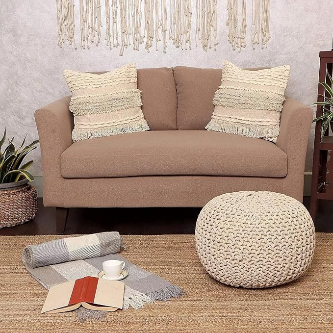 REDEARTH · Round Pouf Ottoman - Hand Knitted Cable Boho Poof Home Décor Pouffe Circular Footrest for Living Room - Nursery - Bedroom - Lounge 100% Cotton (19.5"x19.5"x14") - Ivory, Set of 2