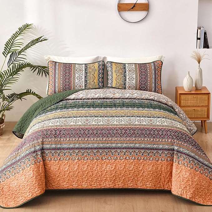 WONGS BEDDING Boho King Quilt Set, Green and Orange Bohemian Quilt Bedding Set, Fall Lightweight Bed Decor Bedspread for All Season Reversible Microfiber Coverlet Bedding Set 103"x90"(3 Pieces)