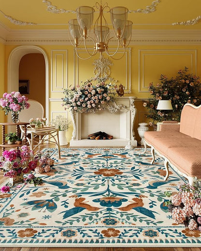 Moynesa Area Rugs 9x12 Retro Home Decor, Modern Bohemian Farmhouse Floral Bird Print Pattern Medallion Carpet for Large Living Room Bedroom Dining Room,Floor Protection Non-Slip Washable