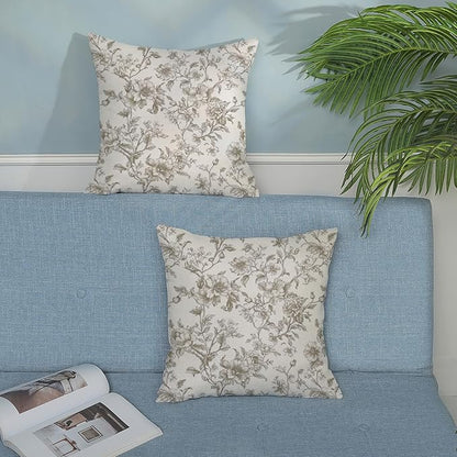 Tan Khaki Pillow Covers 18x18 Set of 2 Vintage Floral Chinoiserie Throw Pillows Rustic Toile Flower Decorative Pillowcase Outdoor Chinoiserie Decor Farmhouse Linen Cushion Case for Couch Sofa