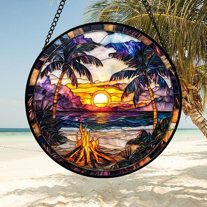 Stained Glass Window Hanging,Bonfire Beach Landscape Suncatcher Diamond Glass Panel Sun Catchers Decor for Birthday for Women, Men, Wife, Aunt, and Mom 14.9x14.9 in