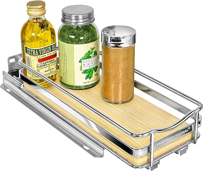 LYNK PROFESSIONAL® Élite™ Pull Out Spice Rack Organizer for Inside Kitchen Cabinets - 4-3/8 inch Wide - Slide Out Drawer – Wood/Chrome Sliding Spice Cabinet Organization Shelf Racks - 1 Tier