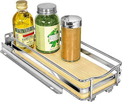 LYNK PROFESSIONAL® Élite™ Pull Out Spice Rack Organizer for Inside Kitchen Cabinets - 4-3/8 inch Wide - Slide Out Drawer – Wood/Chrome Sliding Spice Cabinet Organization Shelf Racks - 1 Tier
