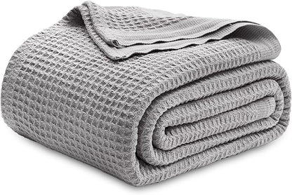 Bedsure Gentlesoft 100% Cotton Blanket King Size for Bed - Breathable and Soft, Thick Cozy Waffle Weave Christmas Blanket Gift for Women, Grey, 104x90 inches