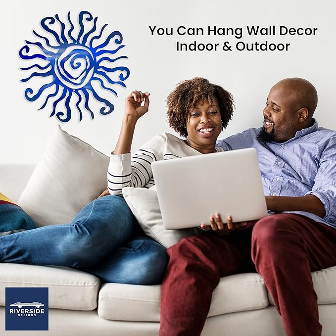 Riverside Designs Wacky Sun Metal Wall Art Indoor/Outdoor Decor - 30" Blue Rust Proof Wall Sculpture - Made in USA - Ideal for Bedroom, Garden, Home, Patio and Farmhouse