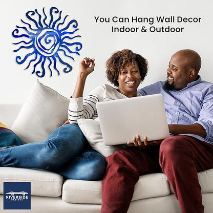 Riverside Designs Wacky Sun Metal Wall Art Indoor/Outdoor Decor - 36" Blue Rust Proof Wall Sculpture - Made in USA - Ideal for Bedroom, Garden, Home, Patio and Farmhouse