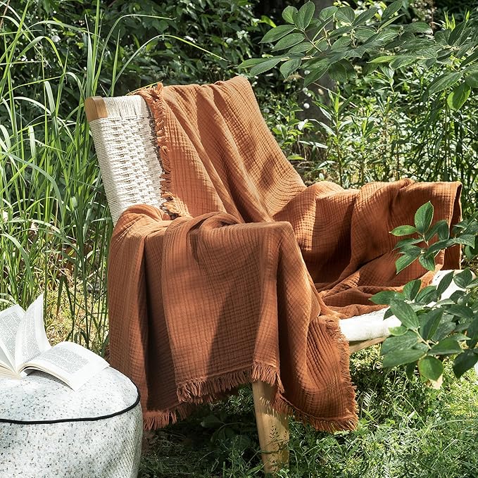 MooMee Muslin Blanket - 100% Cotton 4-Layer Gauze Throw Blanket with All-Around Fringe, Ultra-Soft Breathable Lightweight Cooling Decorative for Bed, Sofa & Couch (Drak Orange,Throw 60" x 50")