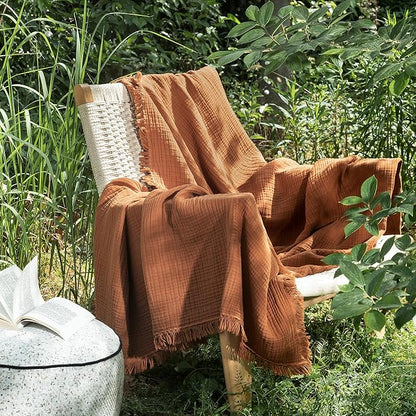 MooMee Muslin Blanket - 100% Cotton 4-Layer Gauze Throw Blanket with All-Around Fringe, Ultra-Soft Breathable Lightweight Cooling Decorative for Bed, Sofa & Couch (Drak Orange,Throw 60" x 50")