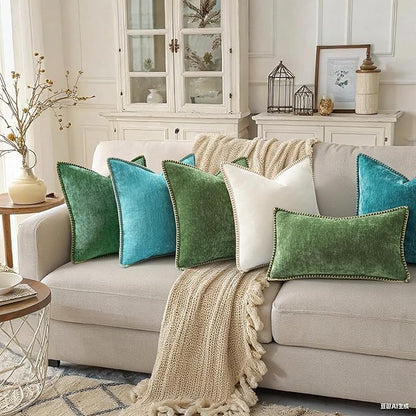 decorUhome Spring Chenille Soft Throw Pillow Covers 16x16 Set of 2, Farmhouse Velvet Neutral Decorative Pillow Covers with Stitched Edge for Couch Sofa Bed Home Decor, Green