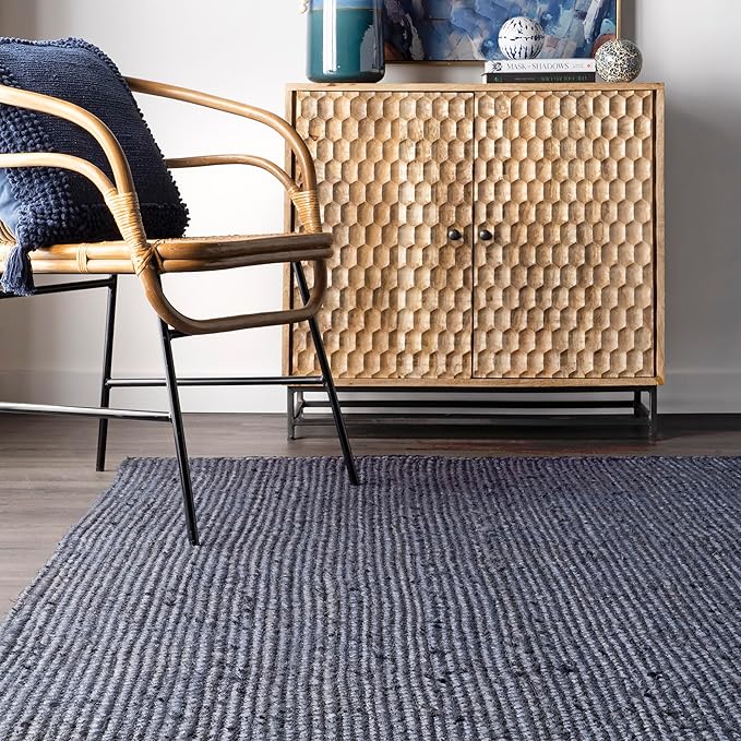 nuLOOM 8x10 Rigo Jute Hand Woven Area Rug, Navy, Solid Farmhouse Design, Natural Fiber, For Bedroom, Living Room, Dining Room, Hallway, Office, Kitchen, Entryway