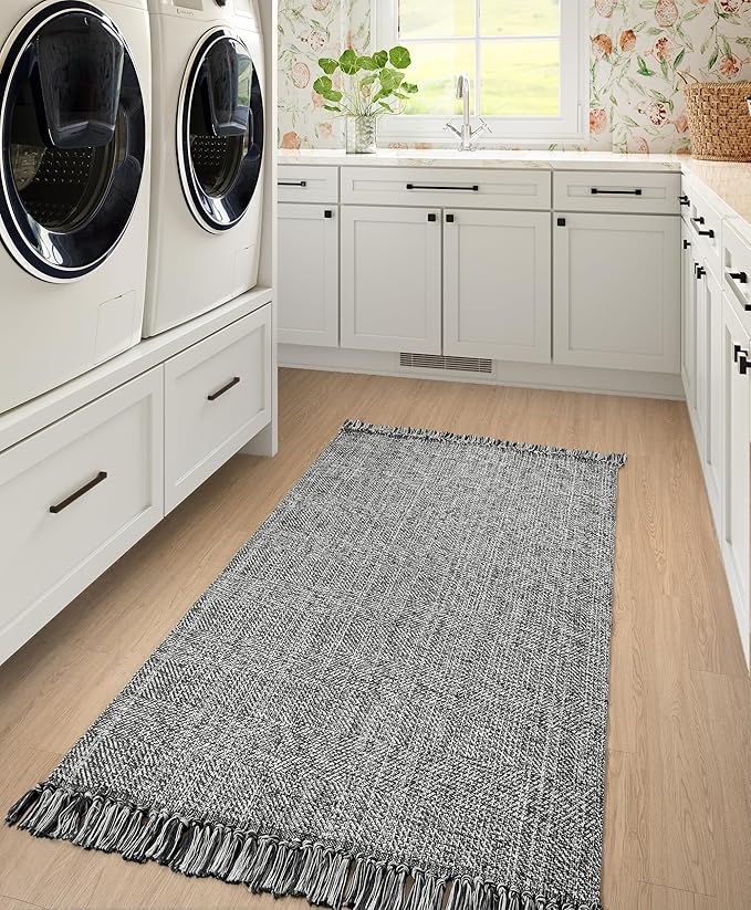 Collive Washable Area Rug 3' x 5', Modern Woven Kitchen Rugs, Grey/Cream Braided Cotton Rug Indoor Door Mat Throw Carpet for Entryway Living Room Nursery Mudroom Laundry Room
