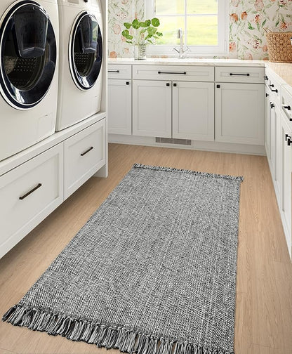 Collive Washable Area Rug 3' x 5', Modern Woven Kitchen Rugs, Grey/Cream Braided Cotton Rug Indoor Door Mat Throw Carpet for Entryway Living Room Nursery Mudroom Laundry Room