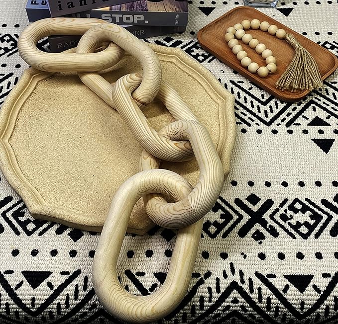 Wood Chain Link Decor - 18.9 Inches Length Aesthetic Room Decor, 5-Link Wood Chain Boho Decor for Living Room, Farmhouse Decor, Coffee Table (Wood)