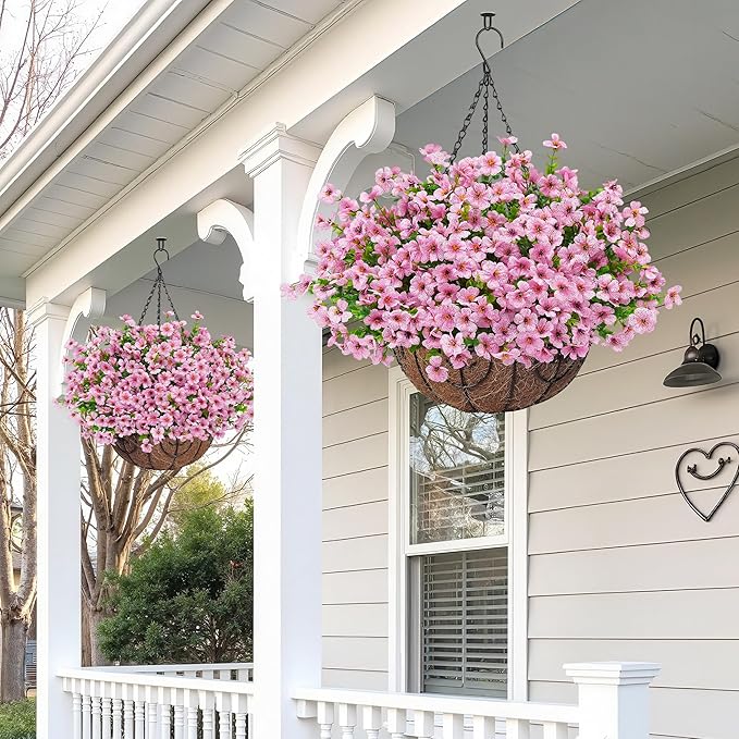 Artificial Fake Hanging Flowers Plants Basket for Outdoors Outside Spring Decoration,Hanging Planters with Faux Silk Flowers Realistic UV Resistant for Balcony Porch Patio Garden Fron Home Decor（Pink）