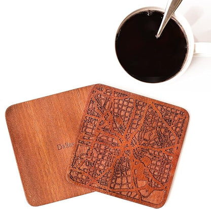 Dallas Map Coaster by O3 Design Studio, Set Of 4, Sapele Wooden Coaster With City Map, Handmade