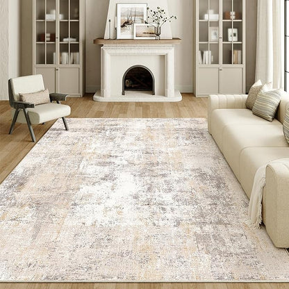 9x12 Area Rug Beige Grey Abstract Living Room Bedroom Carpet Neutral Modern Non Slip Soft Medium Pile Indoor Large Throw Rug for Dining Room Office