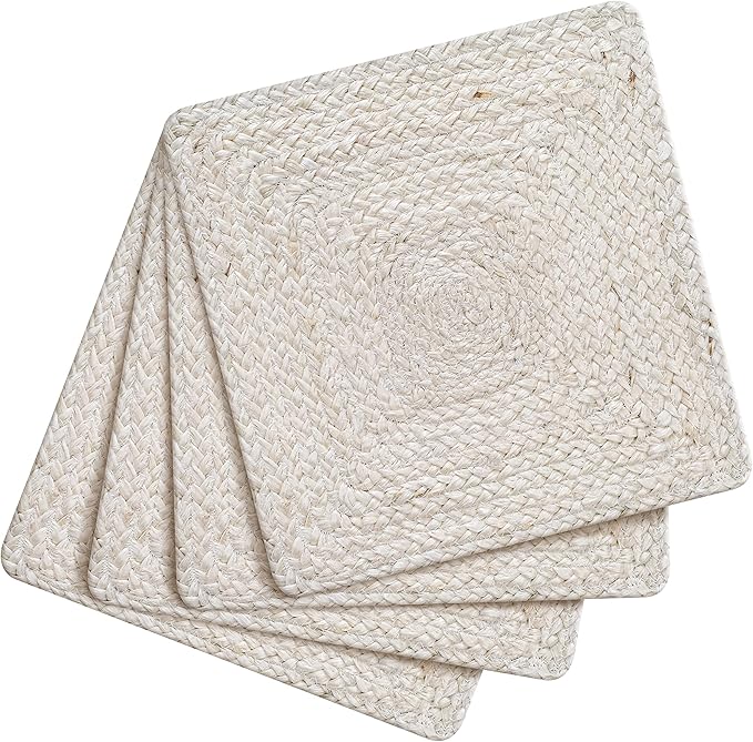 Hausattire Jute Braided Placemats 14x14 Inches Set of 4 Reversible Handwoven Boho Vintage Placemats for Kitchen Dining Tables|BBQ's Thanksgiving Decor Weddings Indoor & Outdoor Parties|Off-White