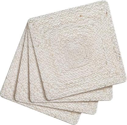 Hausattire Jute Braided Placemats 14x14 Inches Set of 4 Reversible Handwoven Boho Vintage Placemats for Kitchen Dining Tables|BBQ's Thanksgiving Decor Weddings Indoor & Outdoor Parties|Off-White