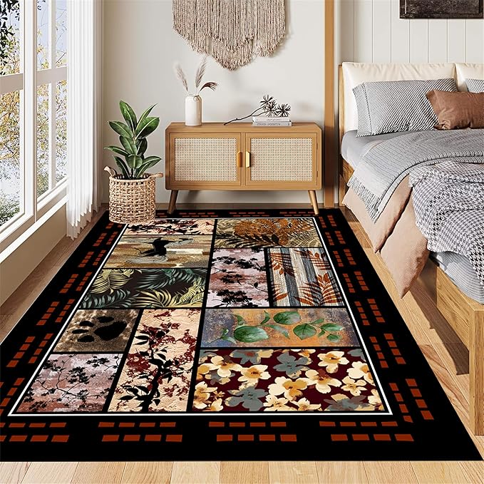 Rustic Cabin Rug 5x6 with Nature Animals & Moroccan Lattice, Vintage Boho Low Pile Carpet, Stain-Resistant Pet-Friendly & Non-Slip for Living Room, Bedroom, Dining Room