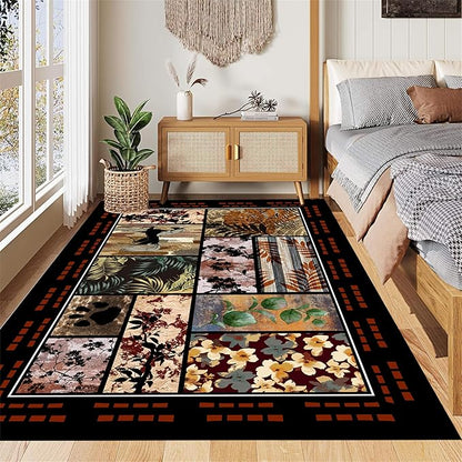 Rustic Cabin Rug 4x5 with Nature Animals & Moroccan Lattice, Vintage Boho Low Pile Carpet, Stain-Resistant Pet-Friendly & Non-Slip for Living Room, Bedroom, Dining Room